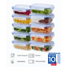 Kit 10 Potes Herméticos de Vidro 370 ml Retangular 4 Travas Chalesco Marmita Livre de Vazamentos
