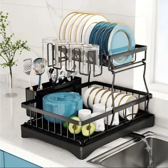 Escorredor De Pratos Em Aço Inox 2 Andares Com Dreno Prateleira De Pratos Drenagem Automática Para