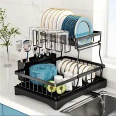 Escorredor De Pratos Em Aço Inox 2 Andares Com Dreno Prateleira De Pratos Drenagem Automática Para