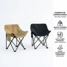 Cadeira de Camping Moon Dobrável e Portátil - Kit 2 Cores (Caqui e Preto) - Suporta até 120kg