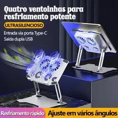 Suporte de Mesa Giratório X16 com Cooler -Suporte Dobrável de Liga de Alumínio com 4 Ventiladores para Notebook e Tablet