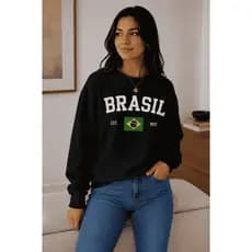 Blusa de Frio Moletom Flanelada Algodão Casaco Gola Careca Brasil Quentinho Agasalho Torcedor