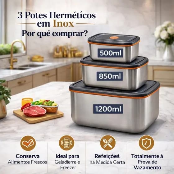 Kit 3 Potes De Aço Inox Hermético Com Tampa Vasilha Marmita Multiuso Para Alimentos Cozinha