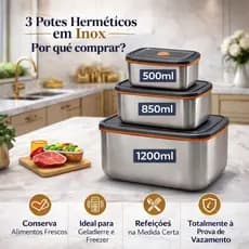 Kit 3 Potes De Aço Inox Hermético Com Tampa Vasilha Marmita Multiuso Para Alimentos Cozinha
