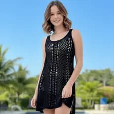 Vestido Feminino Saida de Praia Moda Juvenil Tricot Vazado Elegante Piscina Verão Croche