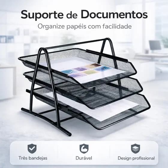 Organizador De Documentos A4 Escritório 3 Bandejas Metal Porta Papel Arquivo Mesa Organizador De Mesa Preto Multiuso