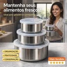 KIT 5 Potes Herméticos Inox Redondos com Tampa Kit Potes Cozinha Mantimentos Marmita Alimentos Organizador Top