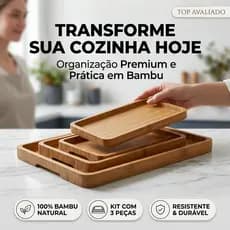 KIT 3 Bandejas Madeira Quadradas MDF para Servir Café, Petiscos e Organização Elegante