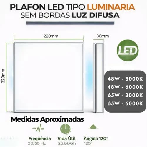 Plafon LED Sobrepor Redondo Sem Bordas 48W 65W Luz Quente ou Branca