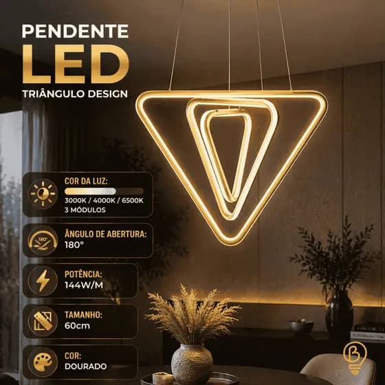 Luminária Pendente LED Triângulo 144W Champanhe | Luz Quente 3000K • Design Moderno Interno