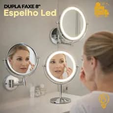 Espelho LED Dupla Face 8” com Grau-Recarregável USB e Articulado-Em Latão Cromado-Bancada e Parede-IP 20