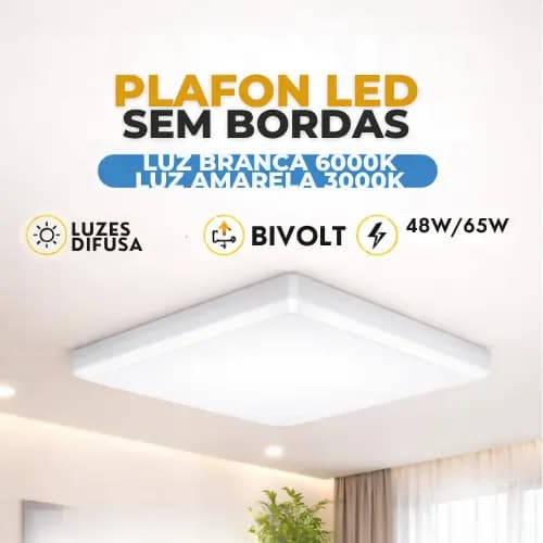 Plafon LED Quadrado Sem Bordas 10W 15W e 22W | Luz Branca e Amarela | Bivolt | Luminária Slim Difusa