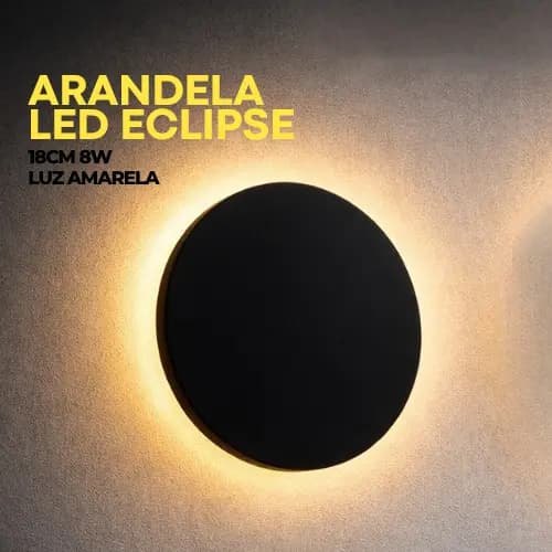 Arandela LED Eclipse Slim 8W 18cm Preta | Sobrepor em Alumínio | Luz Amarela Bivolt | Moderna Decorativa
