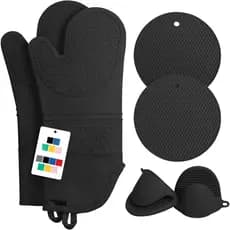 Luvas de forno extralongas resistentes ao calor com tapete isolante térmico para cozinhar, pacote com 6 unidades  pretas