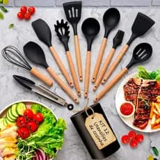 Kit Utensílios Cozinha Silicone 12 Peças Cabo Bambu Preto Madeira Escumadeira Espatula Conjunto Jogo