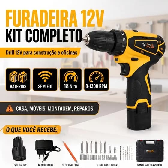SOLID DOCTOR Furadeira Parafusadeira De Impacto Sem Escova 12V 2 Baterias Portátil sem Fio Com 26 Kit