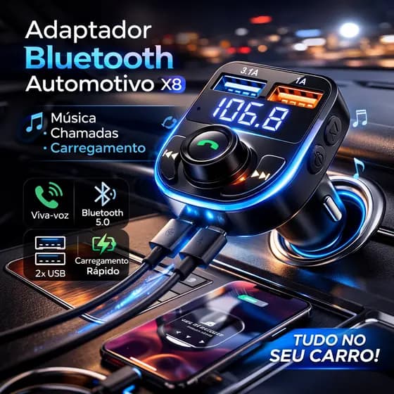 Adaptador Bluetooth Carro Carregador Transmissor Usb FM Som Automotivo  Acendedor X8 Mp3 Rádio