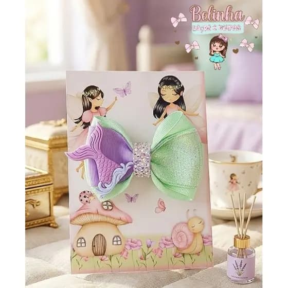 Laço Sereia Luxo Infantil Lilás e Verde Água | Laço Boutique Menina |Bico de Pato Encapada | Acessório Infantil Premium