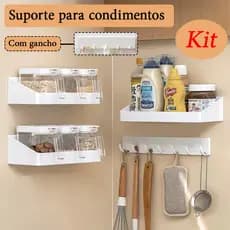 Kit Prateleira de Parede Cozinha Prateleiras Porta Temperos com Temperos e Ganchos