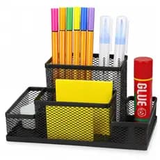 Porta Lápis Organizador de Mesa Caneta Clips Metal Preto com Divisórias para Escritório Escola