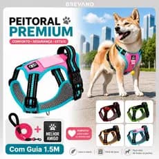 Peitoral Premium Ajustável Para Cães Com Guia Material Respirável Faixas Refletivas Reforçado Antipuxão