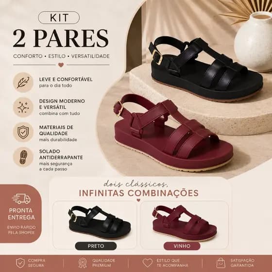 Kit 2 Sandálias Femininas Plataforma Leve Estilosa Confortável Premium