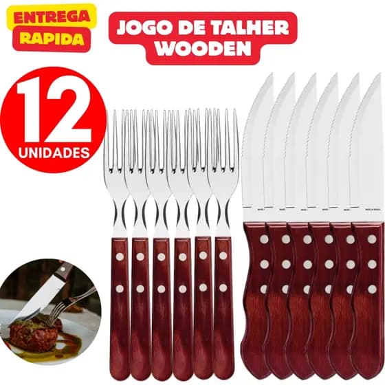 Jogo de Talher 12 Peças Wooden Aço Inox e Cabo de Madeira Para Churrasco Restaurante Alta Qualidade