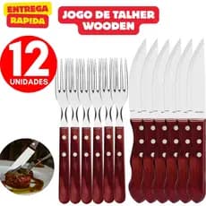 Jogo de Talher 12 Peças Wooden Aço Inox e Cabo de Madeira Para Churrasco Restaurante Alta Qualidade