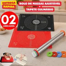 Rolo de Massa Inox Ajustável e Tapete Culinario Silicone Resistente Cozinha Massa Pão Bolo Pizza