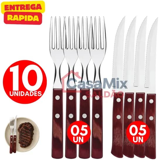 Jogo de Talher 10 Peças Em Cabo De Madeira e Aço Inox 5 Facas 5 Garfos de Mesa