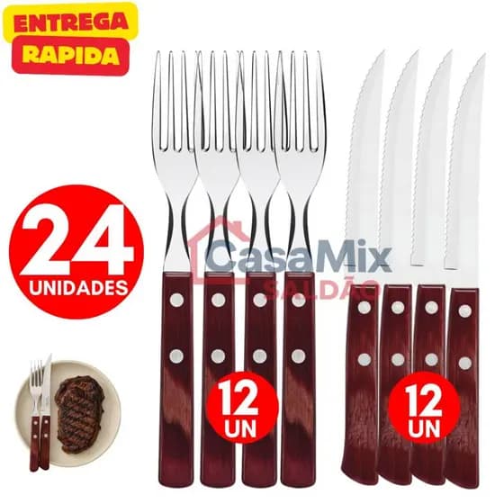 Jogo de Talher 24 ou 12 Peças Em Cabo De Madeira e Aço Inox 12 Facas 12 Garfos de Mesa Qualidade Premium