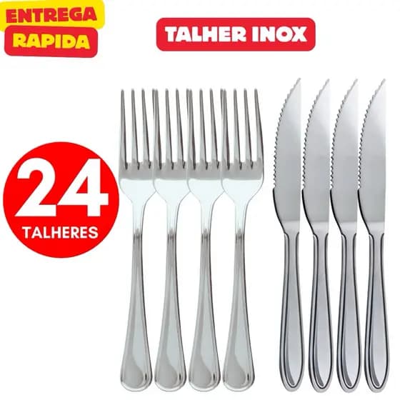 Jogo de Talheres 24 Peças em Inox 12 Garfos e 12 Facas Restaurante Buffet Bar Lanchonete