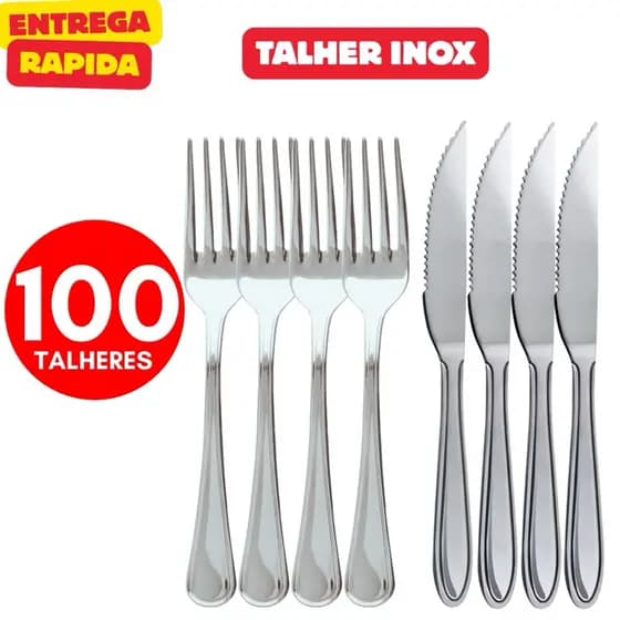 Jogo de Talheres 100 Peças Aço Inox 50 Garfos e 50 Facas Restaurante Buffet Bar Refeição Jantar