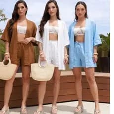 Conjunto Kimono Femenino lisa,Moda Verão blusa manga flare e short com bolso .Elegante M G GG