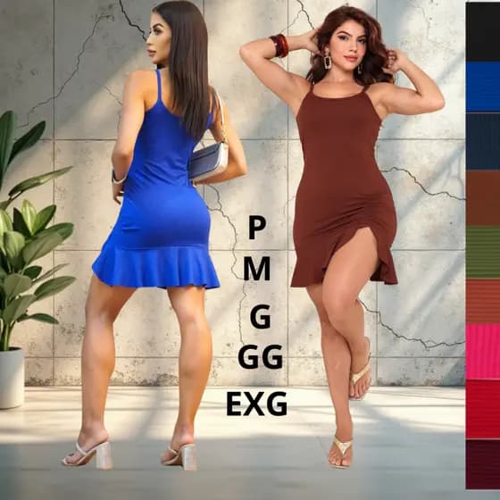 Vestido Feminino Curto alça fina Canelado com Babado, Drapeado e Abertura na Perna Moda Gringa Verão