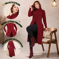 Cardigan Feminino Longo Anarruga com Gola Alta, Bolsos e Design Moderno – Quentinho, Confortável