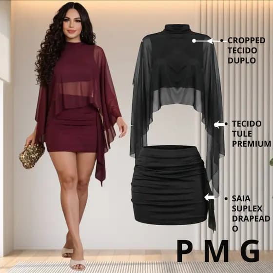 Conjunto Feminino Cropped em Tule Premium com Gola Alta e Saia Curta Drapeada em Suplex – 2 Peças