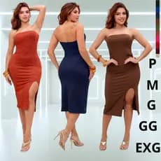 Vestido Tomara Que Caia Midi Tubinho Canelado com Fenda Frontal Moda Feminina
