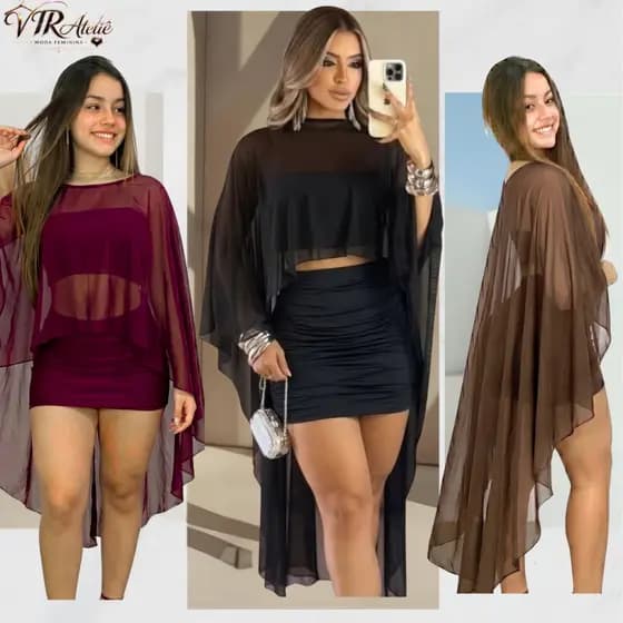 Conjunto Feminino 3 Peças com Capa de Tule, Cropped Faixa e Saia Curta Drapeada em Suplex – Elegante
