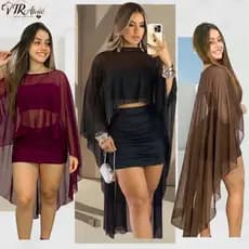 Conjunto Feminino 3 Peças com Capa de Tule, Cropped Faixa e Saia Curta Drapeada em Suplex – Elegante