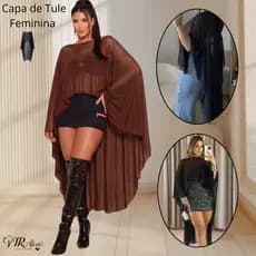 Capa Feminina Longa em Tule Transparente Estilo Virgínia Moda Gringa Luxo para Festa, Balada e Praia