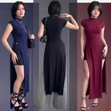 Maxi Blusa Longa Feminina Manga Curta com Fendas Laterais em Suplex Premium