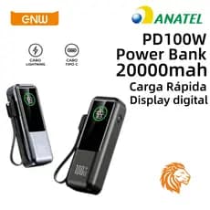 Power Bank 100W PD - Cabo Embutido Bidirecional - Carrega Notebook, MacBook, Celular - Carregador Portátil Universal