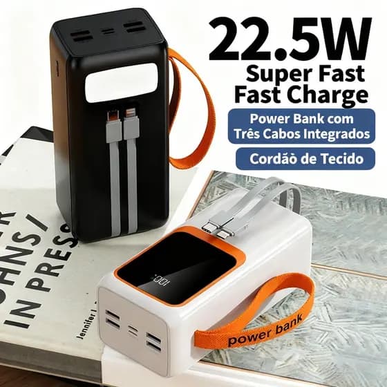 Power Bank 50000mAh Carregamento Rápido PD22.5W – Em Stock com Cabo de Dados Integrado