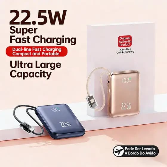 Mini Power Bank para Viagens 10000/20000 mAh - Cabos IOS/Tipo C Carregamento Rápido e LED de Bateria