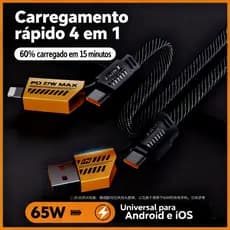 Multi-Portas Cabo 4 em 1 - 65W Rápido,Tipo C e USB para Android e Dispositivos Portáteis