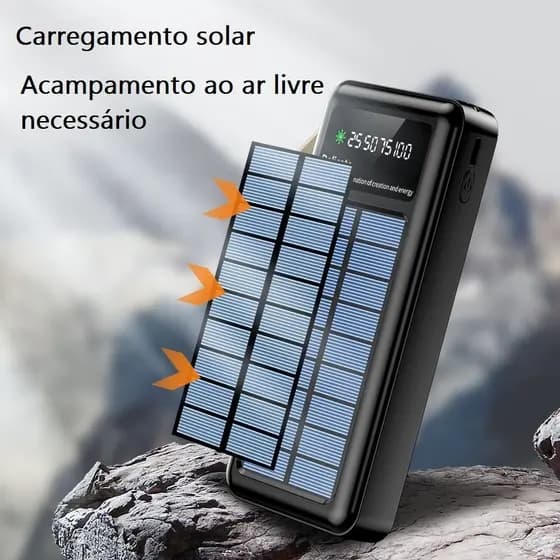 Power Bank 22,5W Rápido com 5 em 1 Cabos - 20.000mAh Solar, Lanterna LED para Emergências