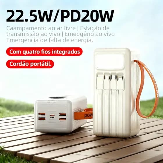 22,5W Super Rápido Power Bank 4 Cabos - 10000-50000mAh Display LED Proteção Segura e Universal