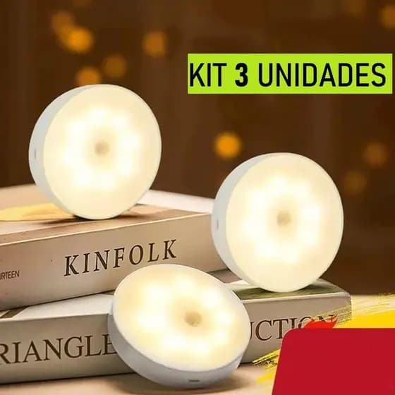 Kit 3 Luminária Led Lâmpada Sem Fio Sensor Presença Automático Inteligente Recarregável USB