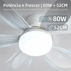 Ventilador de Teto 52CM 80W Lâmpada 3 Cores E27 Silencioso Bivolt 2 em 1 Controle Remoto PREMIUM Branco